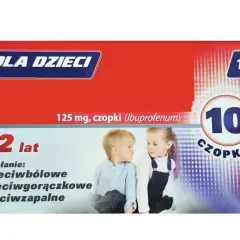 Opakowanie leku "DLA DZIECI" 125 mg, 10 czopków. Informuje, że można podawać leki przeciwgorączkowe dziecku od 2 lat.