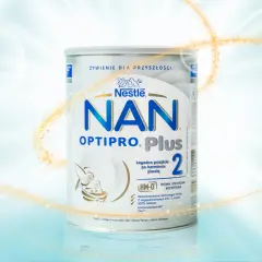 Puszka mleka NAN OPTIPRO PLUS 2, idealna dla niemowląt po 6. miesiącu, z technologią białka i unikalną recepturą.