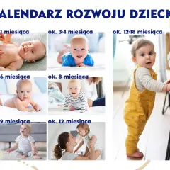 Dziecko w żółtym ogrodniczkach, wspierające się o mebel. To obrazek z kalendarza rozwoju, pokazujący skok rozwojowy 8 miesiąca.