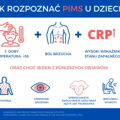 Objawy PIMS: gorączka >38 przez 3 dni, ból brzucha, wysokie CRP. Dodatkowo wysypka, czerwone spojówki, spierzchnięte usta, biegunka i wymioty.
