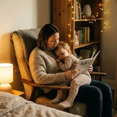 Mama czyta bajkę, by wyciszyć dziecko przed snem. Maluch zasypia na jej kolanach w przytulnym pokoju.