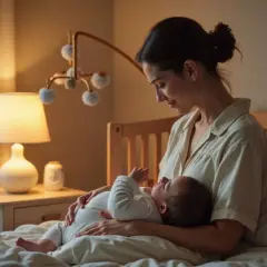 Delikatne kołysanie i czuły uśmiech mamy to klucz do tego, jak wyciszyć niemowlę przed snem. Ciepłe światło lampki tworzy przytulną atmosferę.