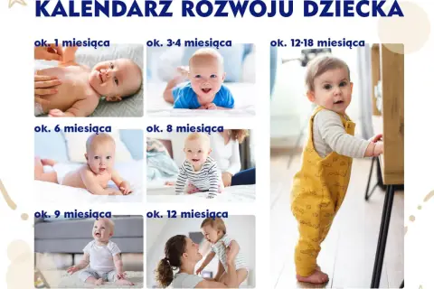 Dziecko w żółtym ogrodniczkach, wspierające się o mebel. To obrazek z kalendarza rozwoju, pokazujący skok rozwojowy 8 miesiąca.