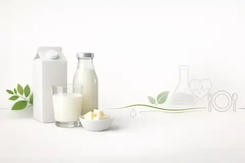 Biały karton, szklana butelka i szklanka z mlekiem, miseczka z masłem. Idealne mleko UHT dla dzieci, pełne zdrowia i naturalności.