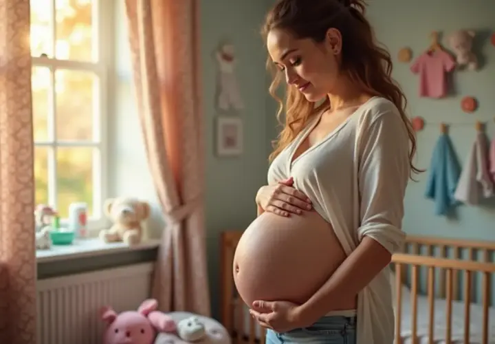 Uśmiechnięta ciężarna kobieta w 9 miesiącu ciąży, trzymająca się za brzuch. W tle pokój dziecięcy z łóżeczkiem i zabawkami.