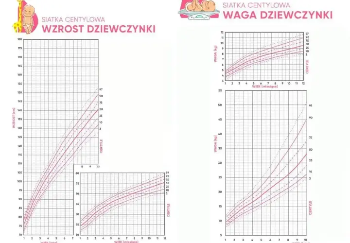 Siatka centylowa wzrostu i wagi dziewczynki. Tabela obwodu główki niemowlaka nie jest widoczna.