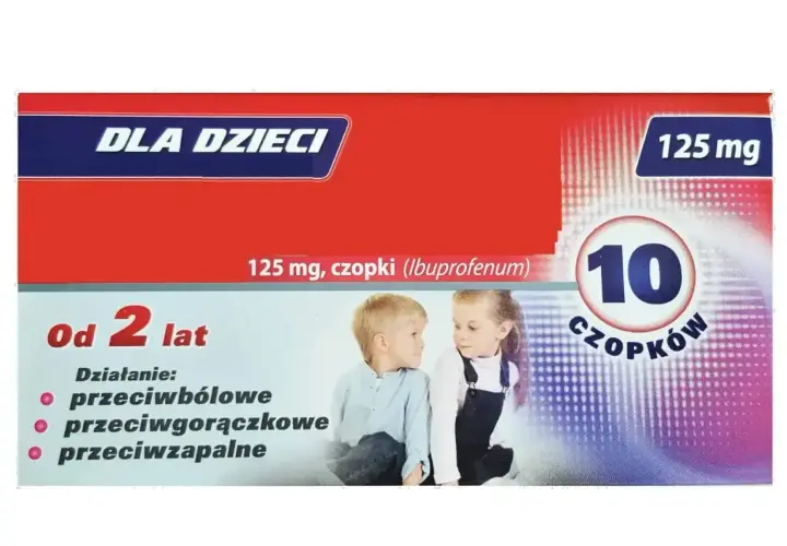 Opakowanie leku "DLA DZIECI" 125 mg, 10 czopków. Informuje, że można podawać leki przeciwgorączkowe dziecku od 2 lat.