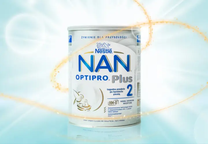 Puszka mleka NAN OPTIPRO PLUS 2, idealna dla niemowląt po 6. miesiącu, z technologią białka i unikalną recepturą.