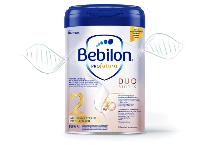 Zmiana mleka z 1 na 2 Bebilon Profutura DUO BIOTIK. Mleko następne po 6. miesiącu, wspiera odporność.