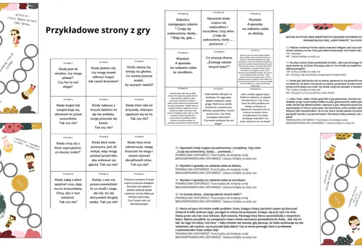 Gra planszowa wspierająca rozwój dziecka, ucząca empatii i asertywności. Pytania pomagają w zrozumieniu emocji.