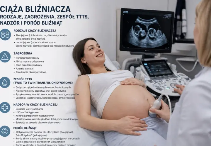 Szczęśliwa przyszła mama podczas badania USG, które pokazuje ciążę bliźniaczą. Na ekranie widać dwa rozwijające się płody.