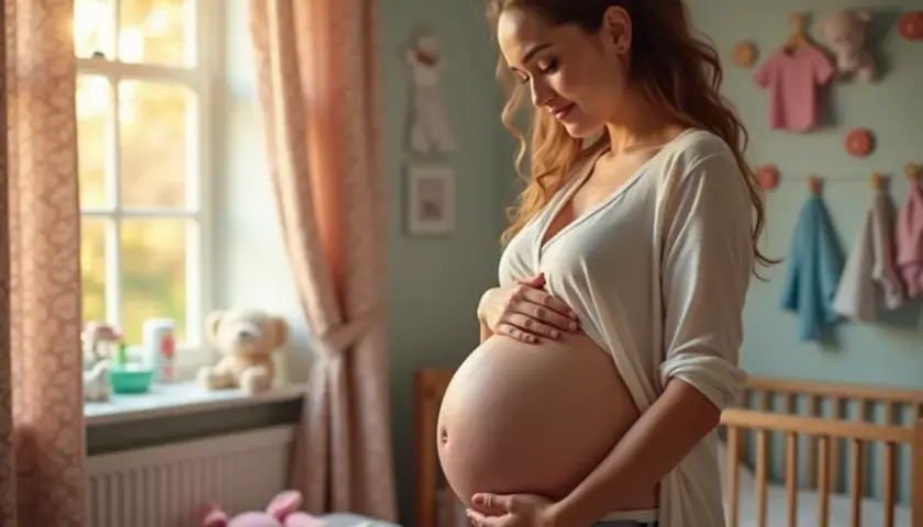 Uśmiechnięta ciężarna kobieta w 9 miesiącu ciąży, trzymająca się za brzuch. W tle pokój dziecięcy z łóżeczkiem i zabawkami.