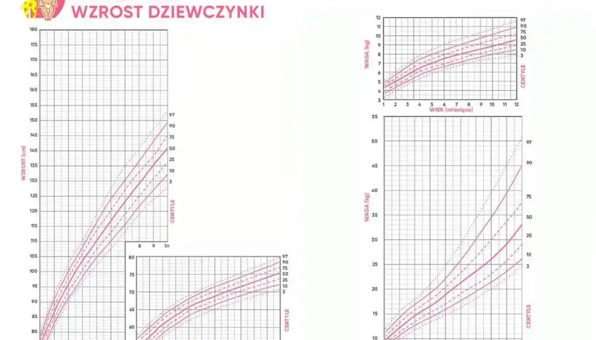 Siatka centylowa wzrostu i wagi dziewczynki. Tabela obwodu główki niemowlaka nie jest widoczna.