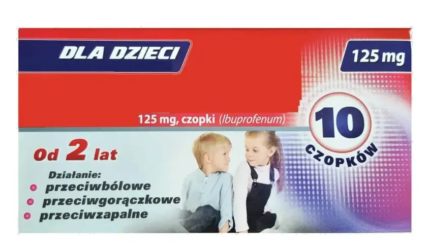 Opakowanie leku "DLA DZIECI" 125 mg, 10 czopków. Informuje, że można podawać leki przeciwgorączkowe dziecku od 2 lat.