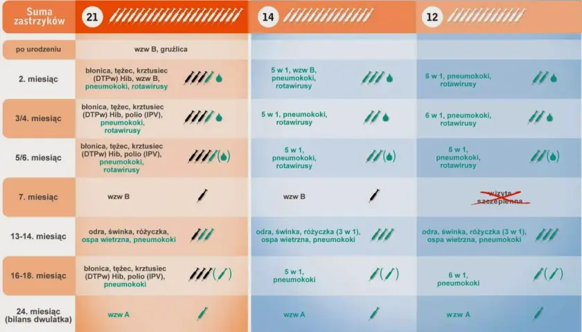 Schemat szczepień w 3 miesiącu życia obejmuje szczepienia przeciwko błonicy, tężcowi, krztuścowi, Hib, polio, pneumokokom i rotawirusom.