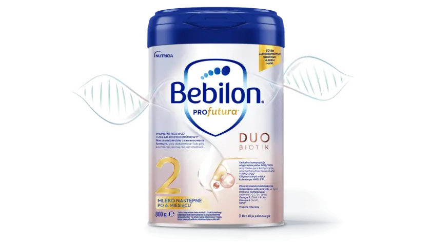 Zmiana mleka z 1 na 2 Bebilon Profutura DUO BIOTIK. Mleko następne po 6. miesiącu, wspiera odporność.
