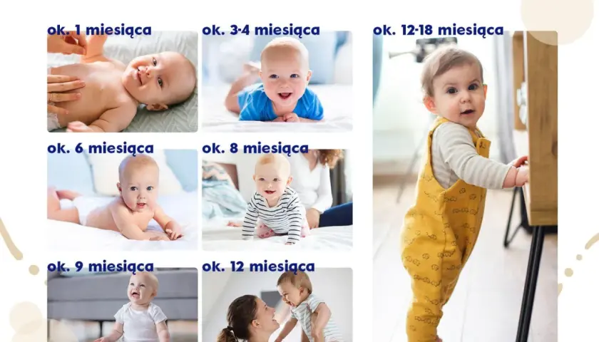 Dziecko w żółtym ogrodniczkach, wspierające się o mebel. To obrazek z kalendarza rozwoju, pokazujący skok rozwojowy 8 miesiąca.