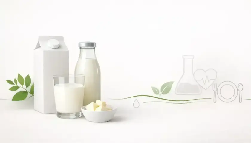Biały karton, szklana butelka i szklanka z mlekiem, miseczka z masłem. Idealne mleko UHT dla dzieci, pełne zdrowia i naturalności.