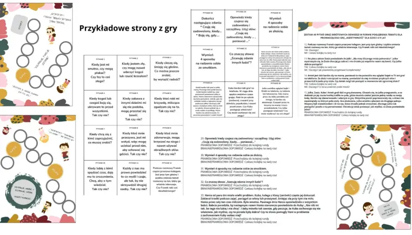 Gra planszowa wspierająca rozwój dziecka, ucząca empatii i asertywności. Pytania pomagają w zrozumieniu emocji.