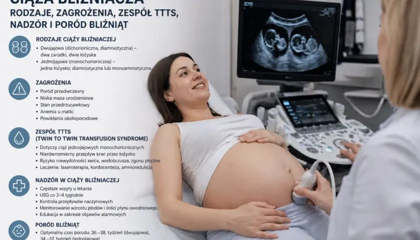 Szczęśliwa przyszła mama podczas badania USG, które pokazuje ciążę bliźniaczą. Na ekranie widać dwa rozwijające się płody.