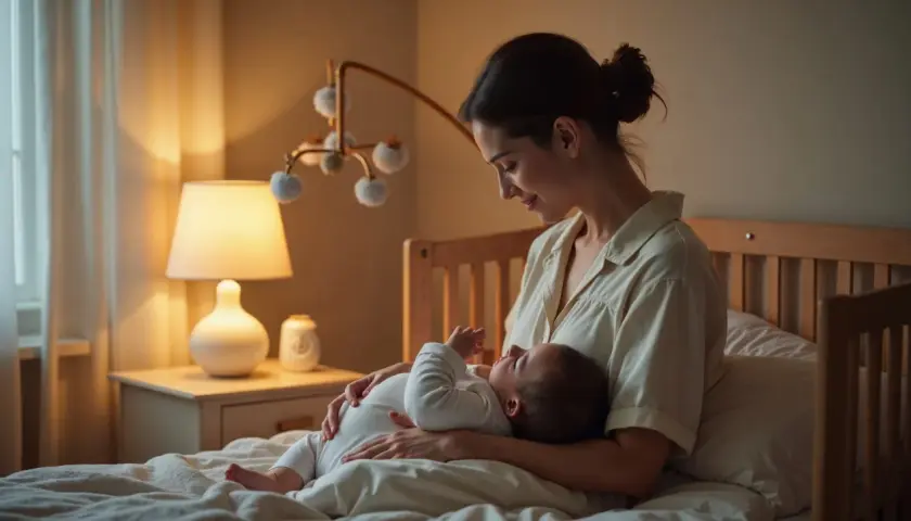Delikatne kołysanie i czuły uśmiech mamy to klucz do tego, jak wyciszyć niemowlę przed snem. Ciepłe światło lampki tworzy przytulną atmosferę.