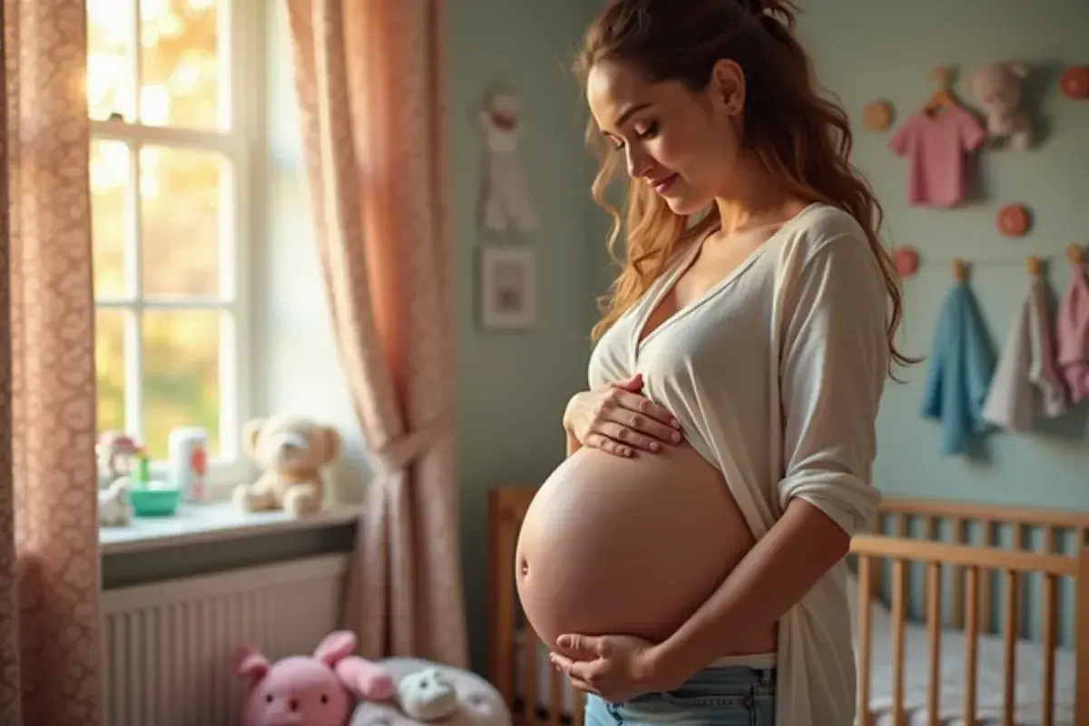 Uśmiechnięta ciężarna kobieta w 9 miesiącu ciąży, trzymająca się za brzuch. W tle pokój dziecięcy z łóżeczkiem i zabawkami.