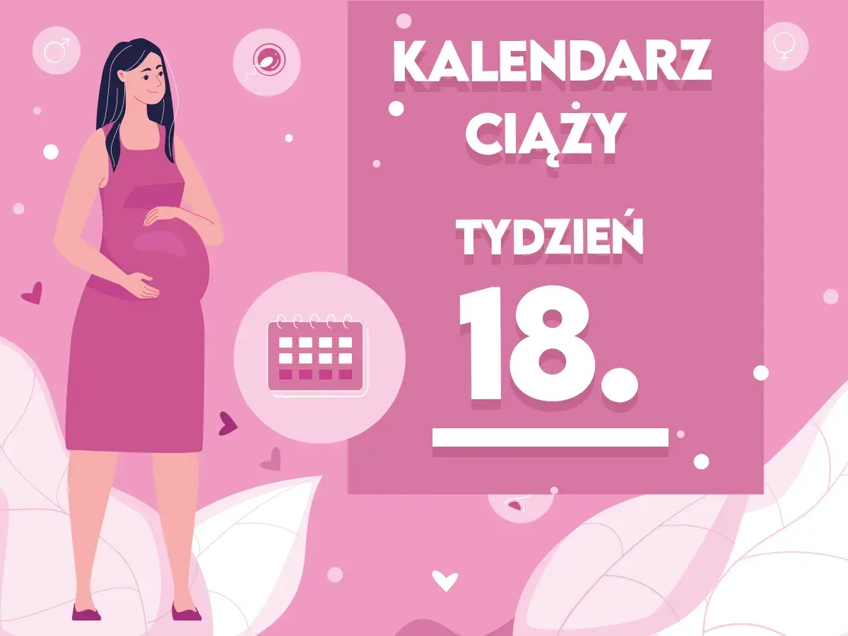 Kobieta w 18 tygodniu ciąży, która martwi się, że nie czuje ruchów dziecka. Obok kalendarz i tekst "Kalendarz ciąży tydzień 18".
