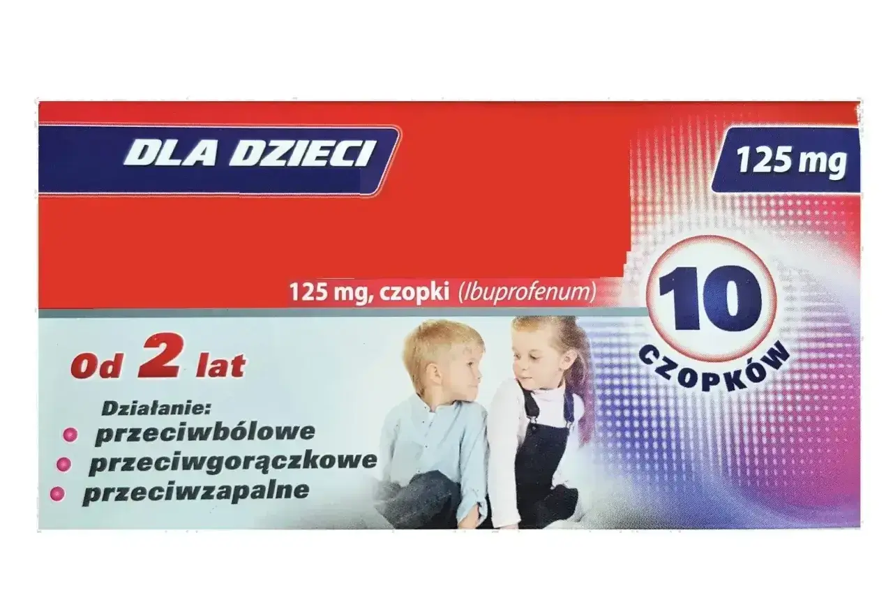 Opakowanie leku "DLA DZIECI" 125 mg, 10 czopków. Informuje, że można podawać leki przeciwgorączkowe dziecku od 2 lat.