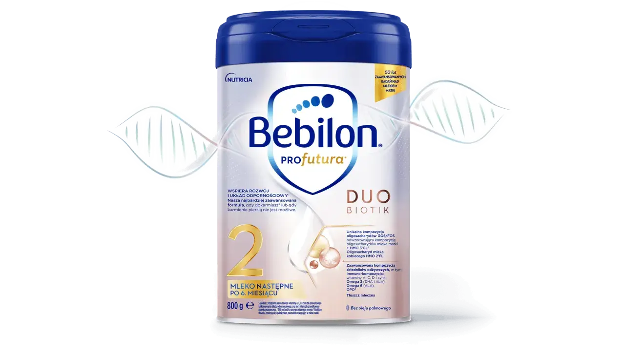 Zmiana mleka z 1 na 2 Bebilon Profutura DUO BIOTIK. Mleko następne po 6. miesiącu, wspiera odporność.