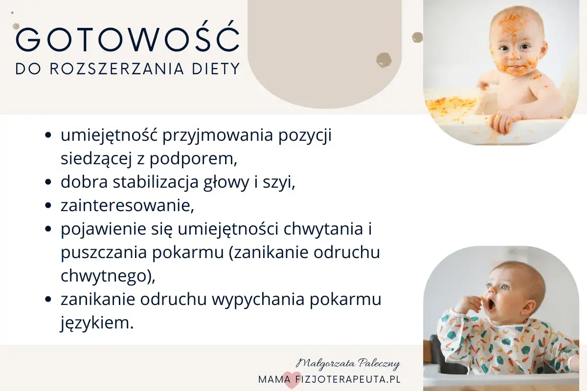 Gotowość do rozszerzania diety niemowlaka: siedzenie, stabilna głowa, zainteresowanie jedzeniem, chwytanie i zanik odruchu wypychania językiem.