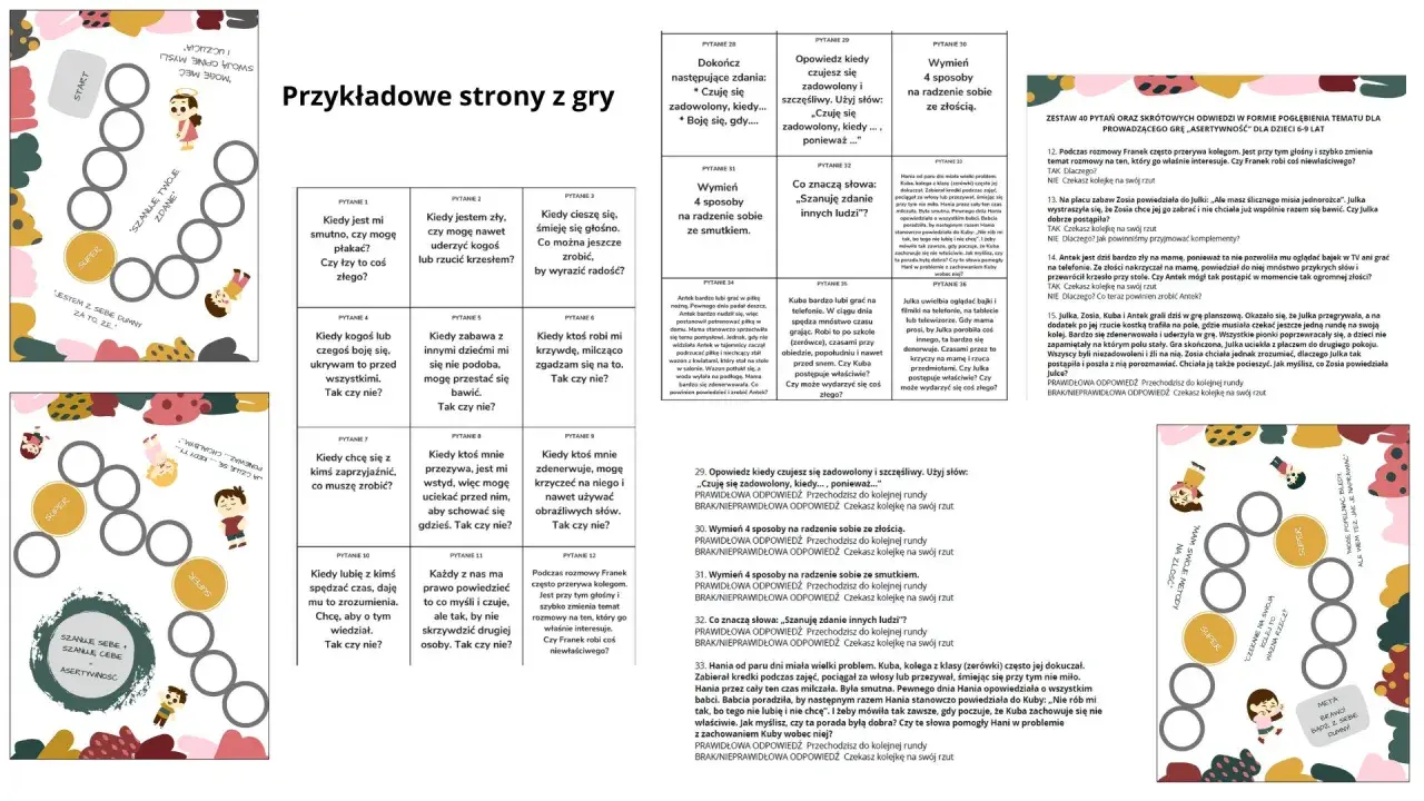 Gra planszowa wspierająca rozwój dziecka, ucząca empatii i asertywności. Pytania pomagają w zrozumieniu emocji.