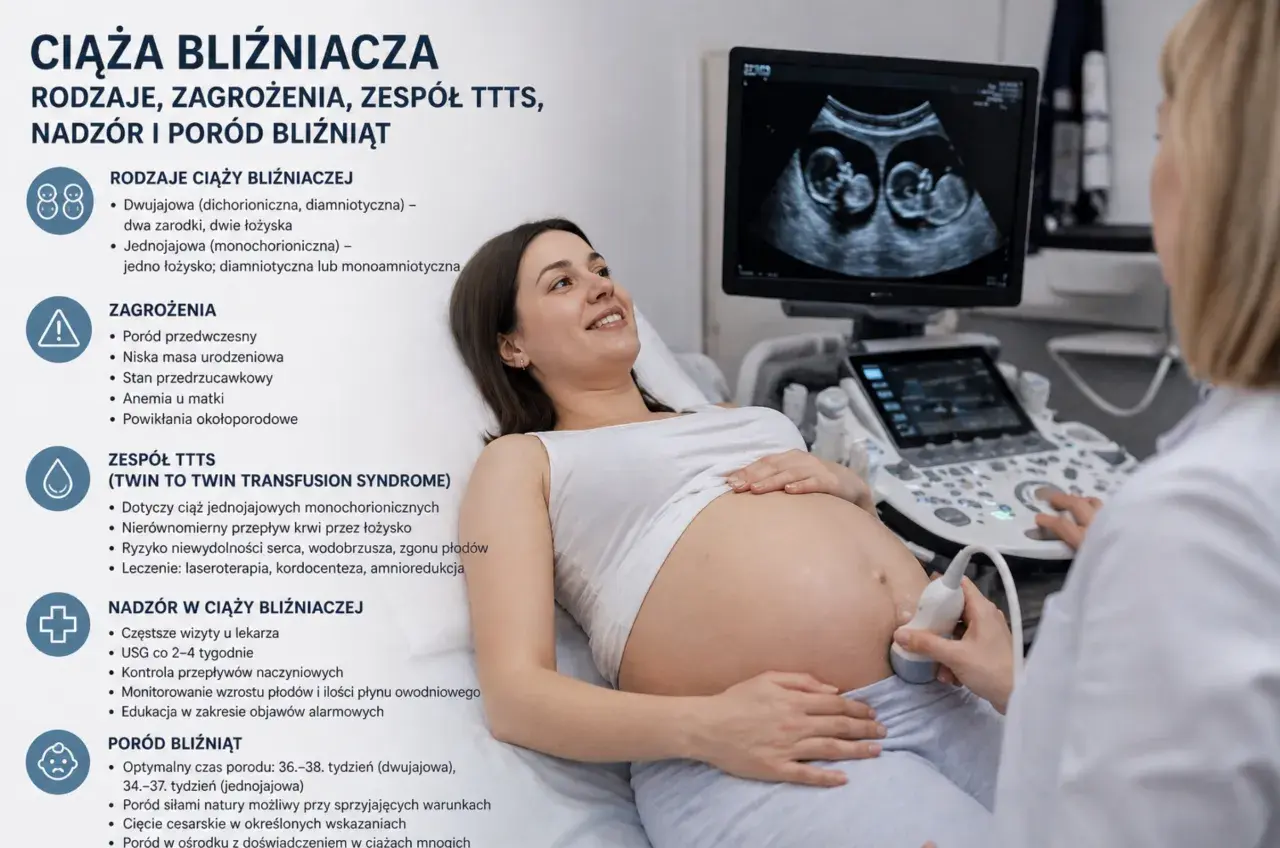 Szczęśliwa przyszła mama podczas badania USG, które pokazuje ciążę bliźniaczą. Na ekranie widać dwa rozwijające się płody.