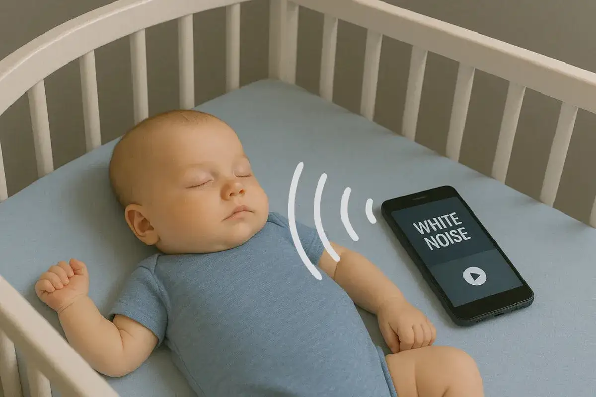 Śpiące dziecko w ł&oacute;żeczku, obok smartfon z napisem 