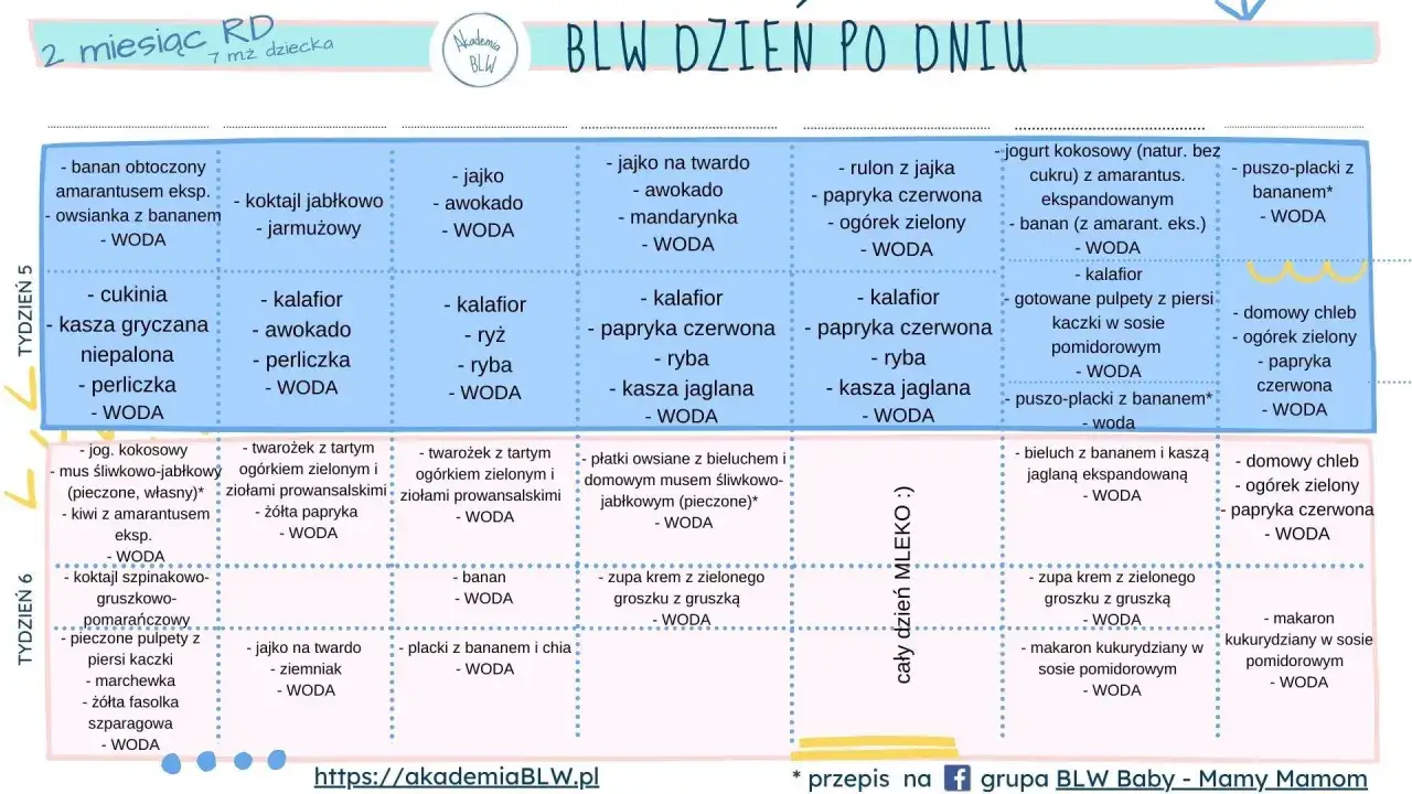Jadłospis dla niemowlaka: tydzień 5 i 6. Propozycje posiłk&oacute;w na każdy dzień, wspierające karmienie niemowlaka metodą BLW.