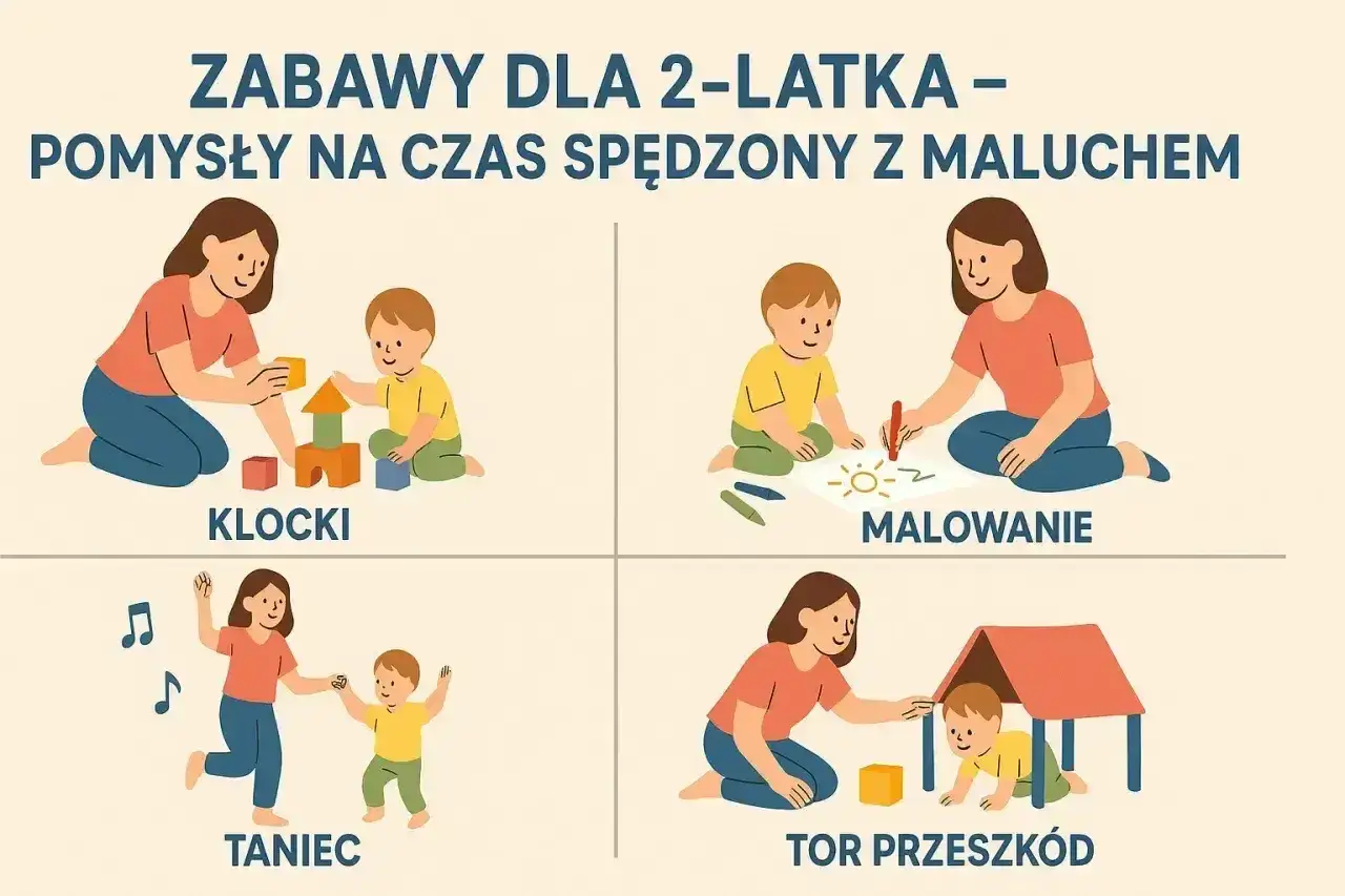 Zabawy dla 2-latka: budowanie z klock&oacute;w, malowanie, taniec i tor przeszk&oacute;d. Wspierają skok rozwojowy 2 latka.