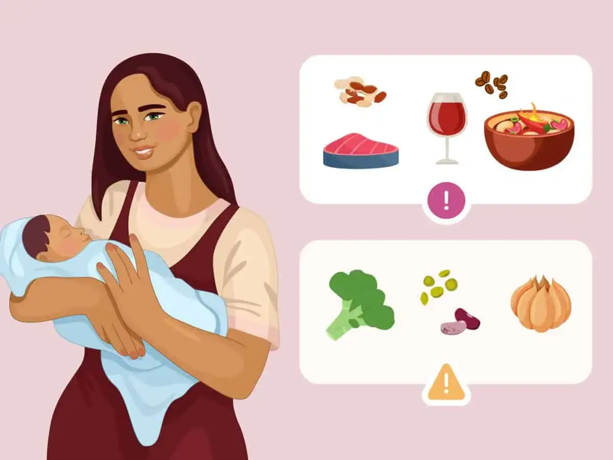 Mama karmiąca z dzieckiem. Obok grafiki pokazujące produkty, które mogą wpływać na smak mleka matki: orzechy, mięso, wino, kawa, zupa, brokuły, fasola, czosnek.