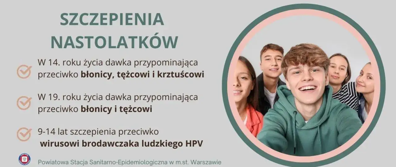Szczepienie 13 latka przeciwko HPV i innym chorobom. Uśmiechnięci nastolatkowie na tle informacji o profilaktyce zdrowotnej.