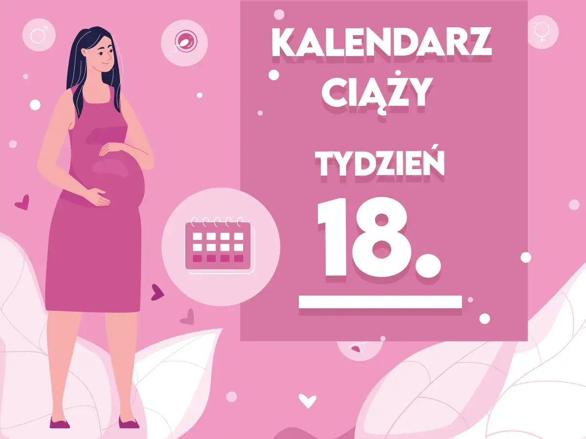 Kobieta w 18 tygodniu ciąży, zmartwiona, bo nie czuje ruch&oacute;w dziecka. Obok kalendarz i symbol ciąży.
